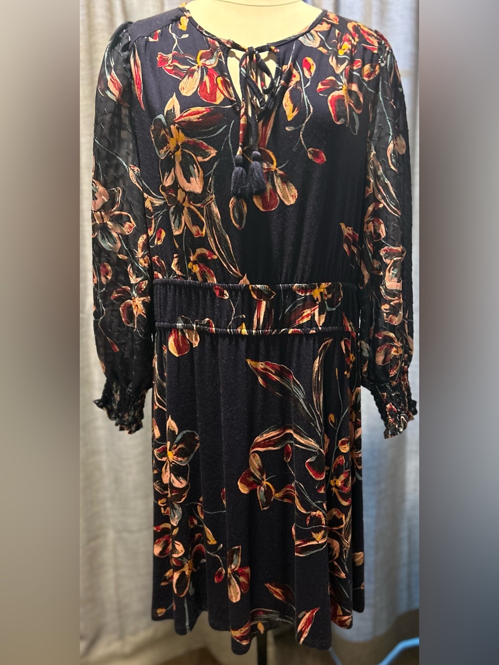 Cupio Black Floral Long Sleeve Midi Dress with Tasseled Tie